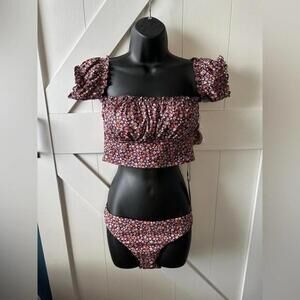 Sanctuary Floral Off-the-Shoulder Swim Top w/ Cinch Back Bottom - Medium NWT